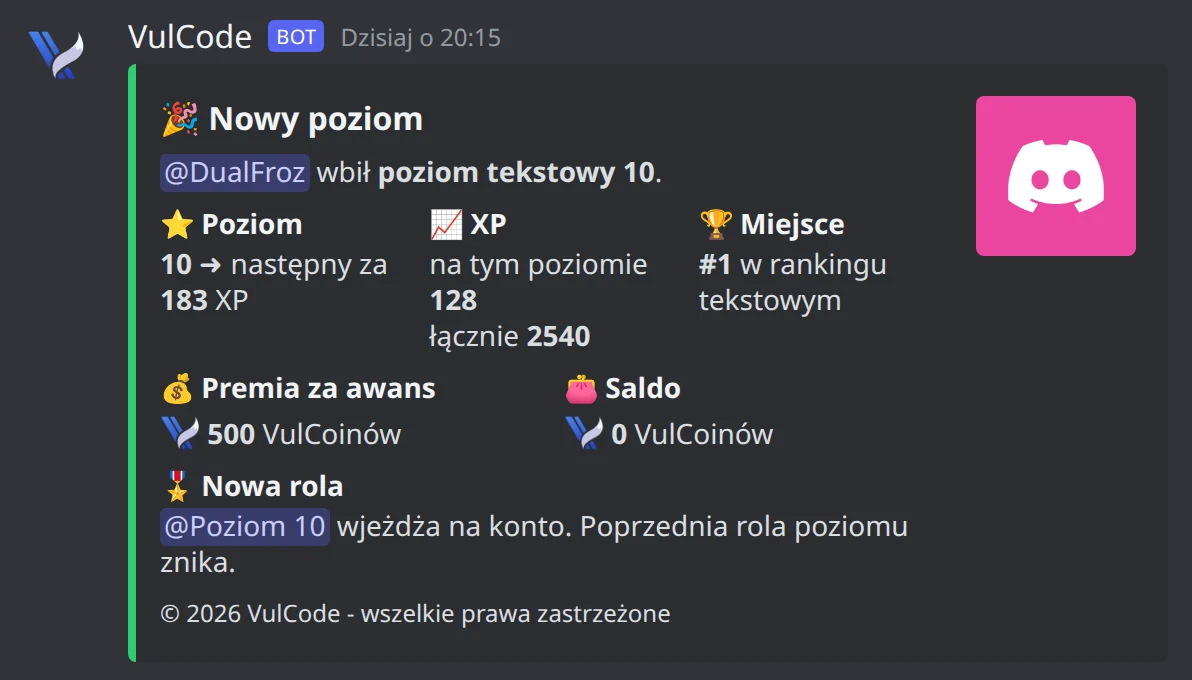 A VulCode bot message in Polish: a promotion to level 10 with a coin bonus and a new role