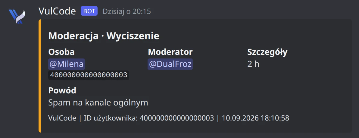 A VulCode bot entry in the moderation log, in Polish: a 2-hour mute with the reason and the moderator