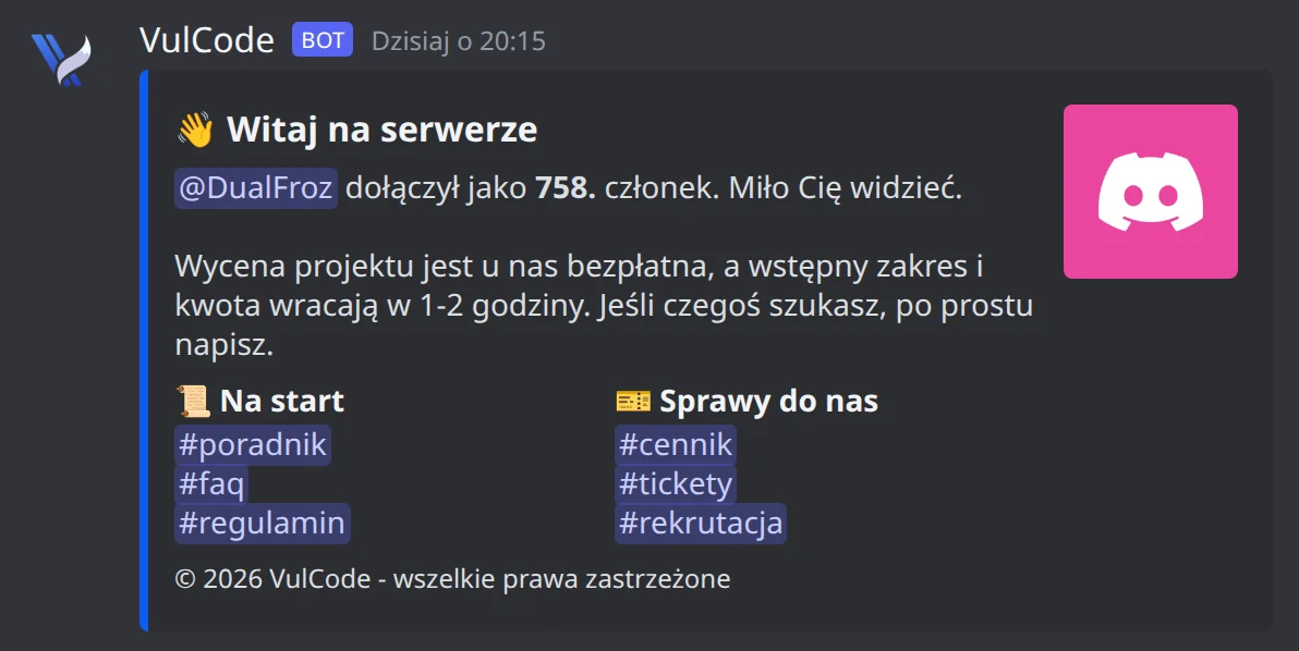 A VulCode bot message in Polish: a welcome for a newcomer with the channels to start with and the ones to reach us