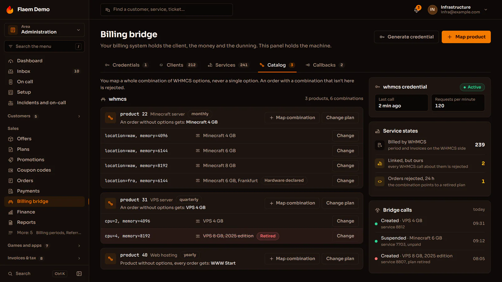 The billing bridge in the Flaem panel: the connected billing system and products mapped to plans
