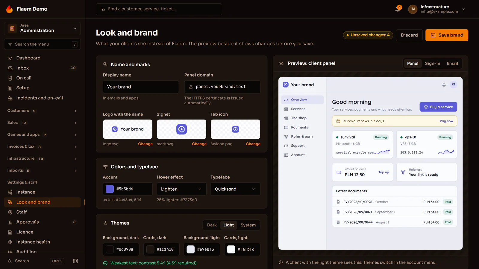 Look and brand settings with a live preview of the client panel in the brand colours
