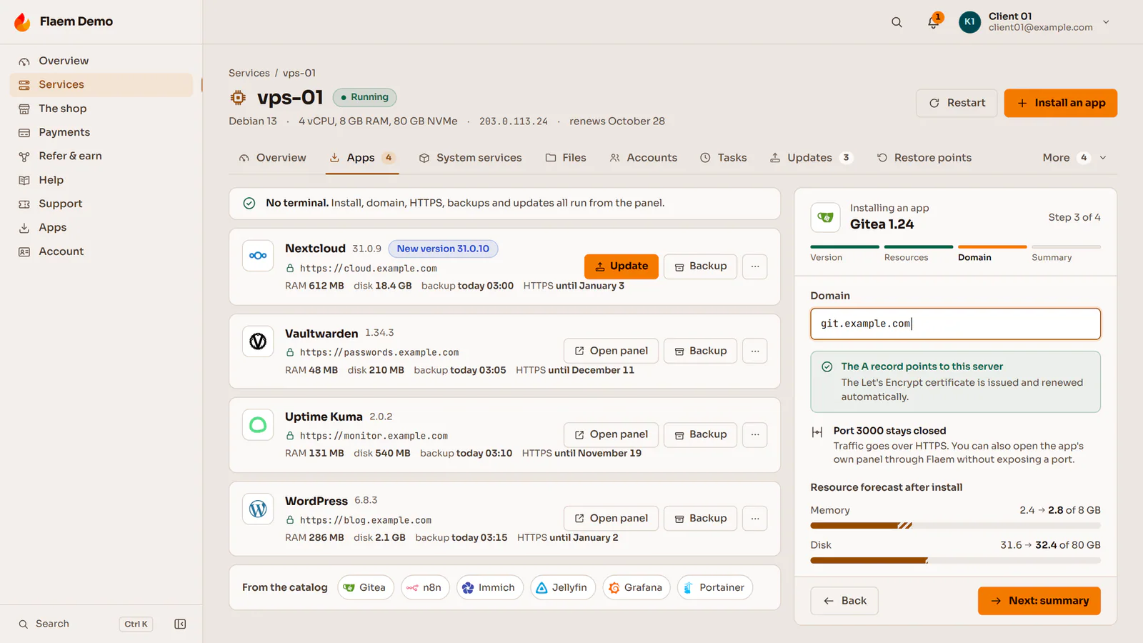 Installing an app on a VPS in the Flaem panel: the app catalogue and the install progress