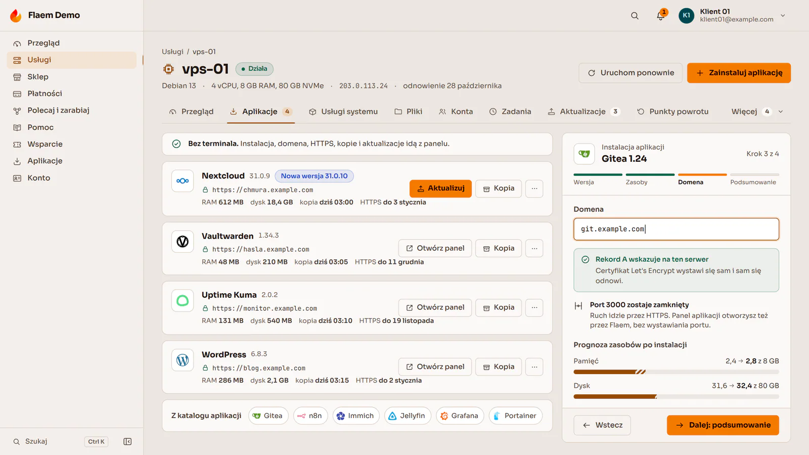 Instalacja aplikacji na VPS w panelu Flaem: katalog aplikacji i postęp instalacji