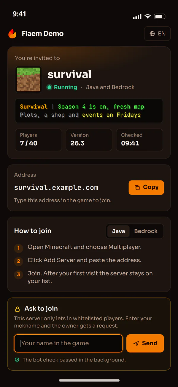 An invitation to a Minecraft server in the Flaem app: the server address and how to join