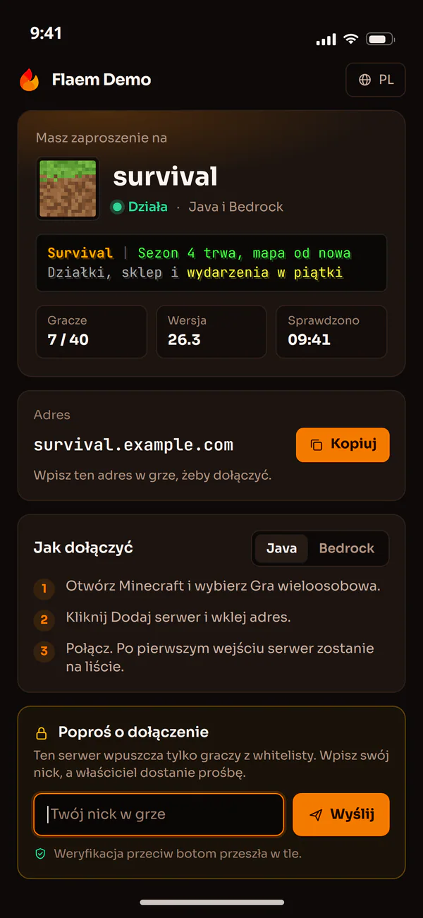 Zaproszenie na serwer Minecraft w aplikacji Flaem: adres serwera i jak dołączyć