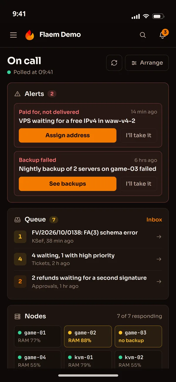 On call in the Flaem phone app: alarms with action buttons and the ticket queue