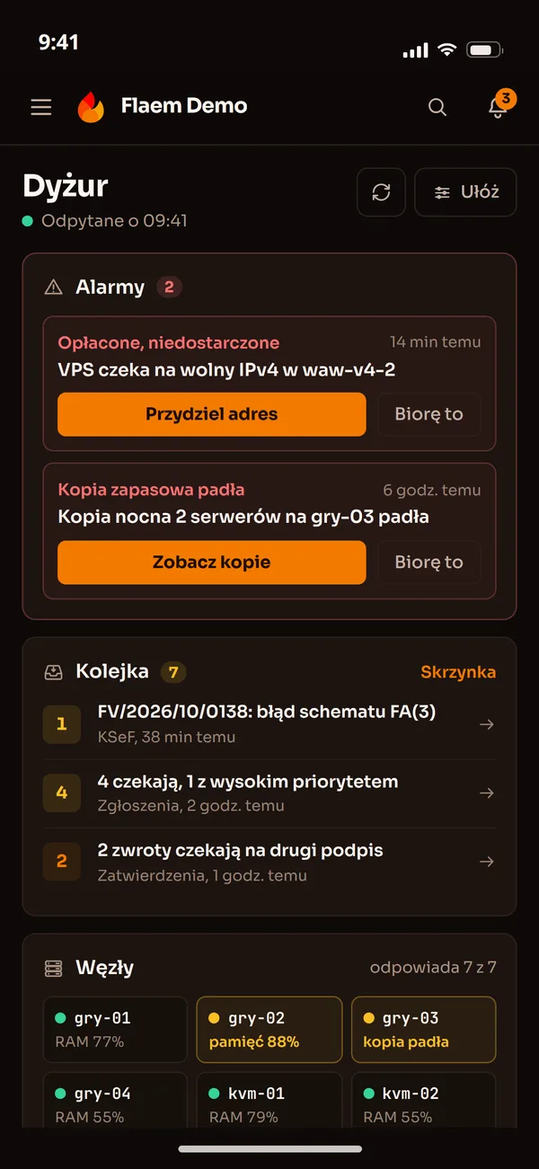 Dyżur w aplikacji Flaem na telefonie: alarmy z przyciskami działań i kolejka zgłoszeń