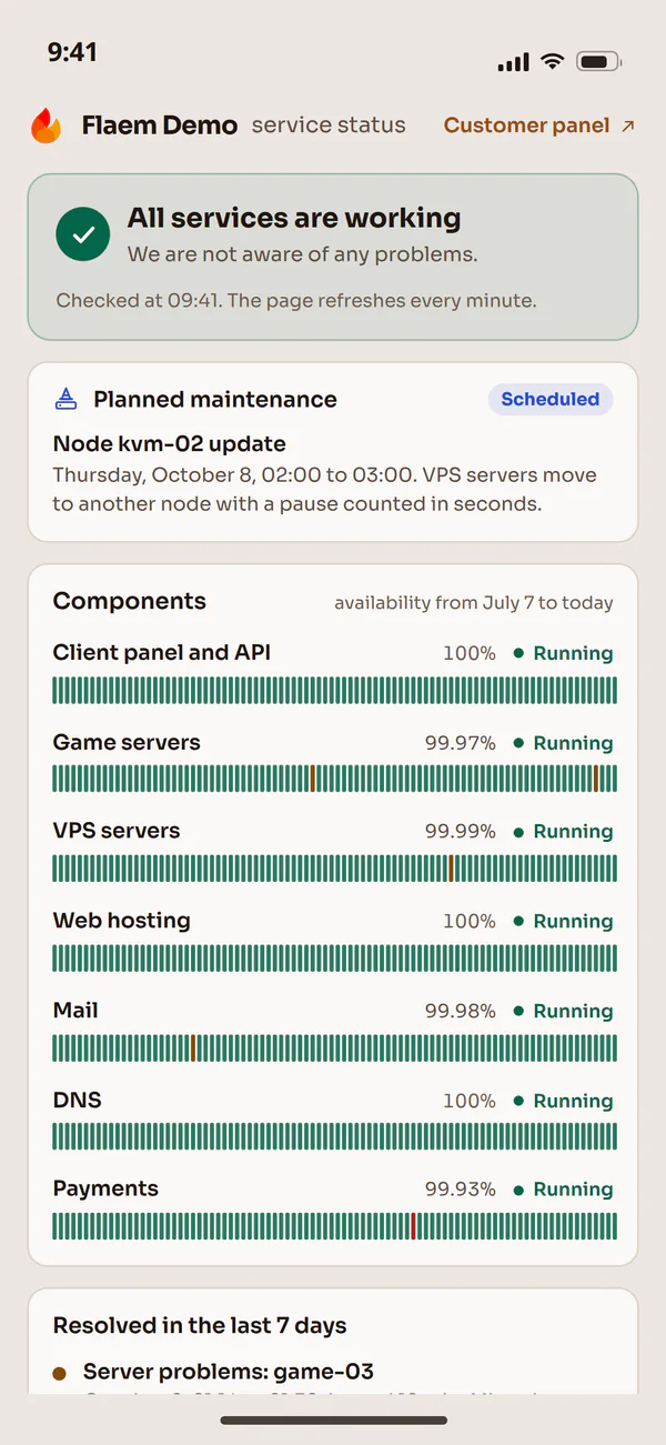 Service status in the Flaem phone app: component availability and planned work