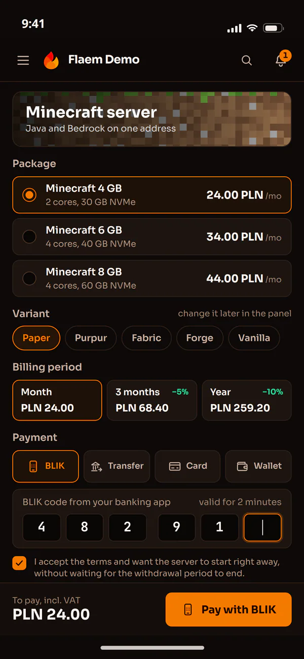 Ordering a Minecraft server in the Flaem app: the package, the variant and the billing period