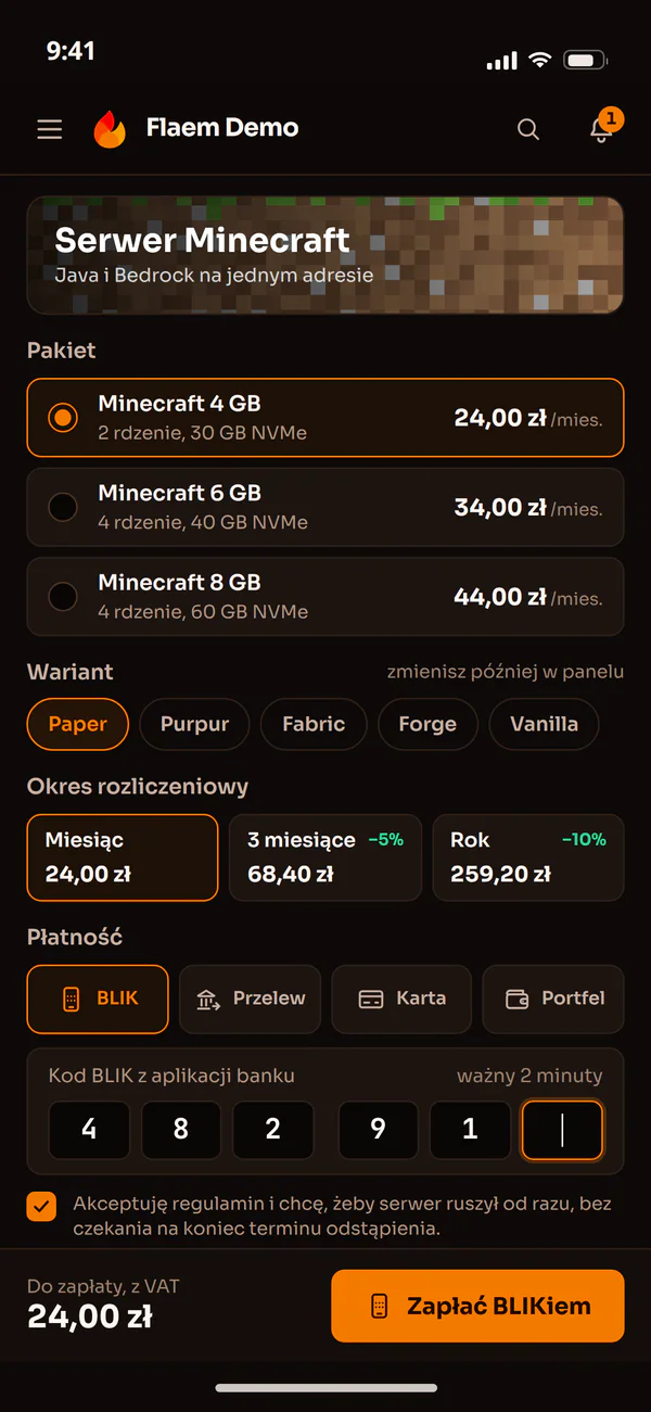 Zamówienie serwera Minecraft w aplikacji Flaem: pakiet, wariant i okres rozliczeniowy