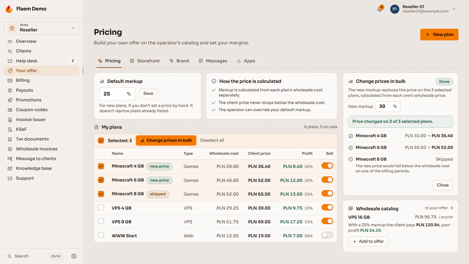 Reseller pricing in the Flaem panel: the markup, plan prices and bulk price changes