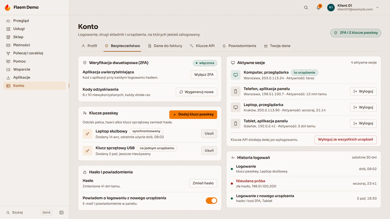 Bezpieczeństwo konta klienta: weryfikacja dwuetapowa, klucze passkey, kody odzyskiwania, aktywne sesje i historia logowań