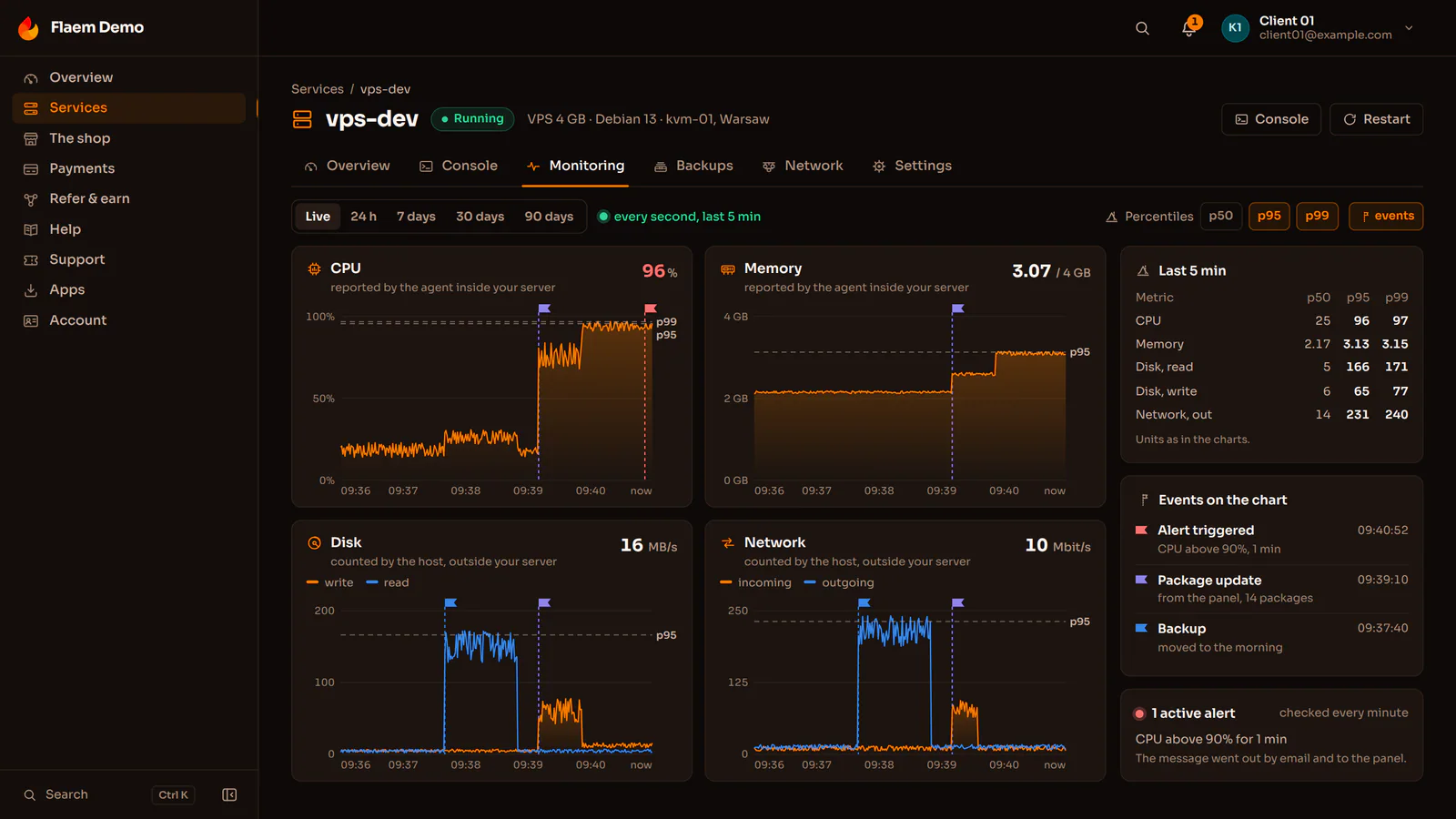 VPS monitoring in the Flaem panel: CPU, memory, disk and network charts