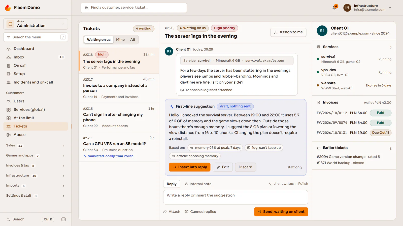A ticket in the staff panel: the conversation, a first-line reply draft, and the client's services and invoices alongside