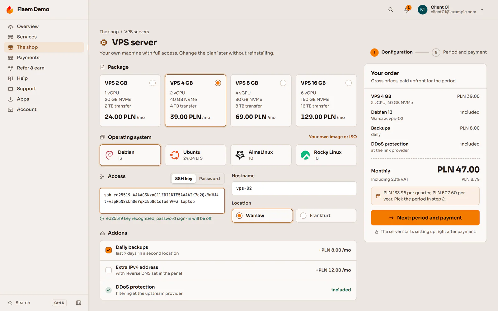 Flaem: configuring a VPS in the operator's store