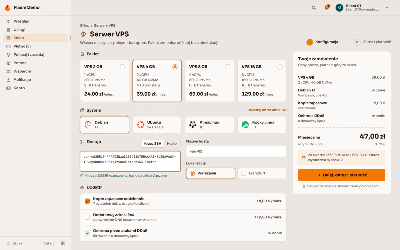 Flaem: konfiguracja VPS w sklepie operatora