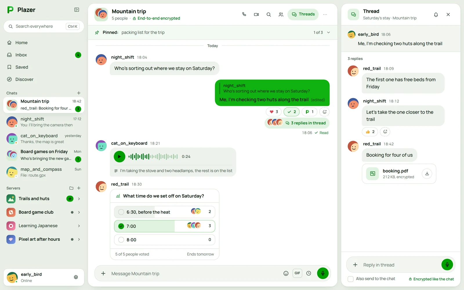 A group chat in Plazer: messages, a poll, a voice note and a thread on the side