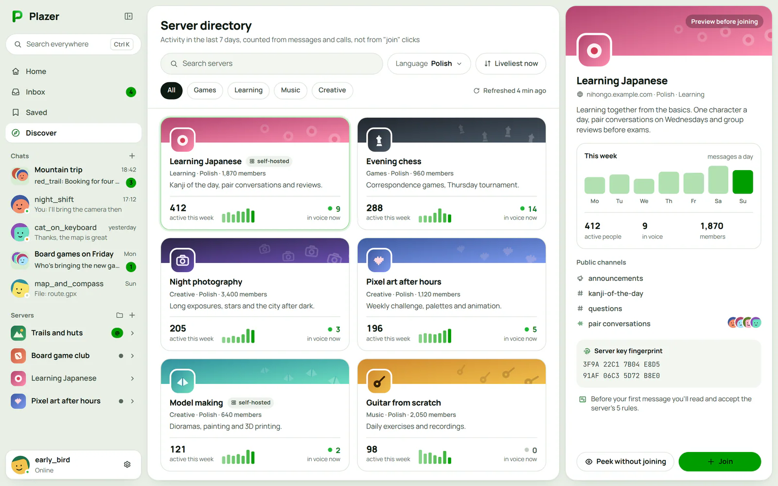 The community directory in Plazer: servers with a description, member count and activity