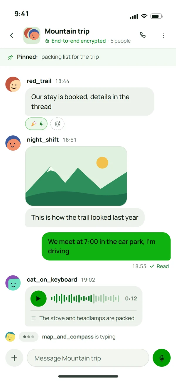 An end-to-end encrypted chat in the Plazer phone app