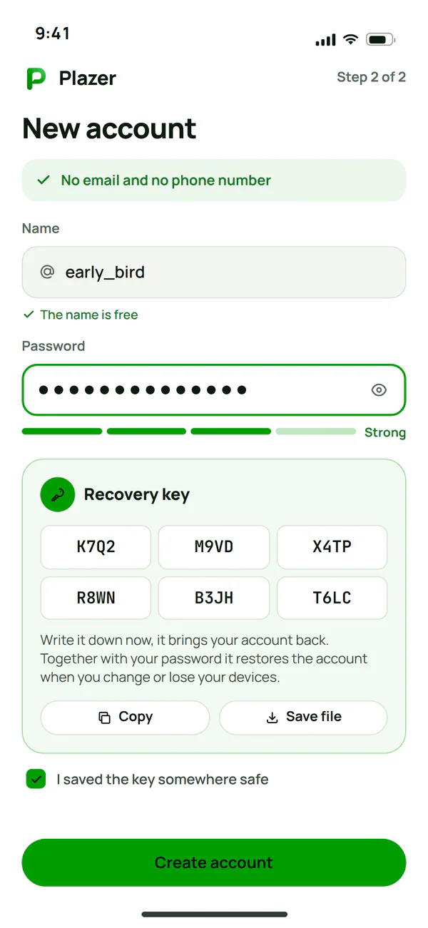 A new Plazer account without an email or phone number, with a recovery key