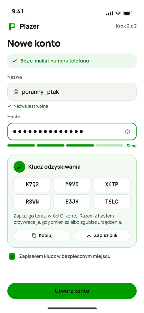 Nowe konto w Plazerze bez e-maila i numeru telefonu, z kluczem odzyskiwania