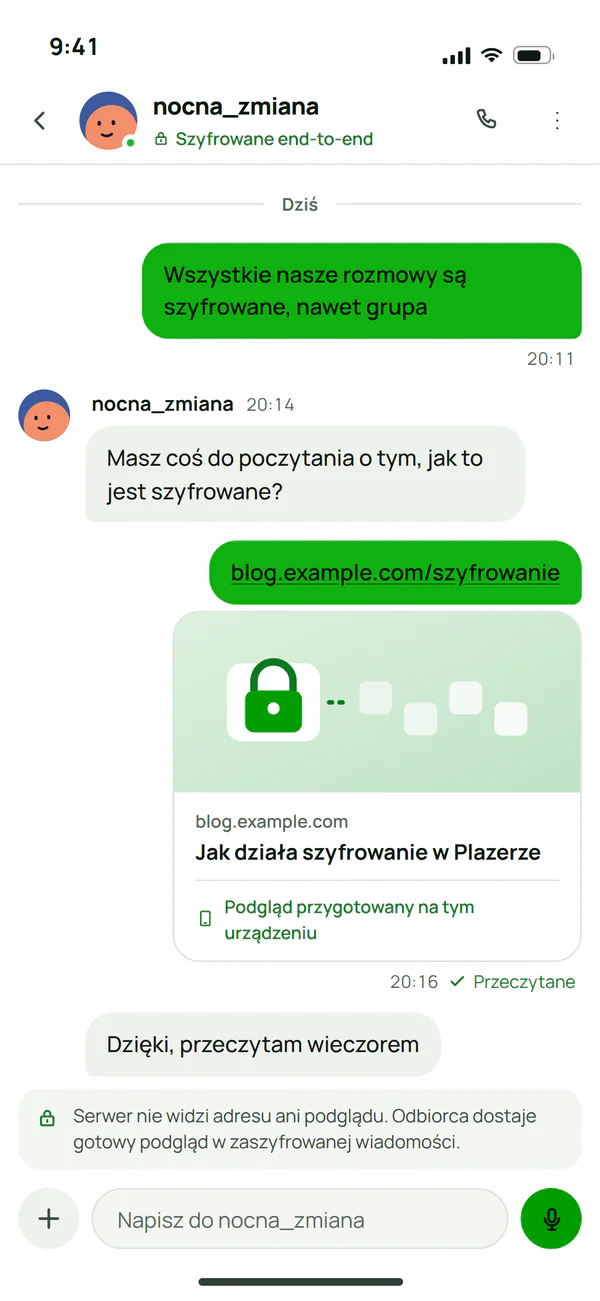 Szyfrowana rozmowa w Plazerze z podglądem linku przygotowanym na urządzeniu nadawcy