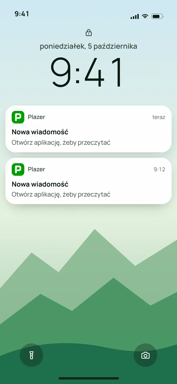 Ekran blokady telefonu z powiadomieniami Plazera, które pokazują tylko "Nowa wiadomość", bez treści