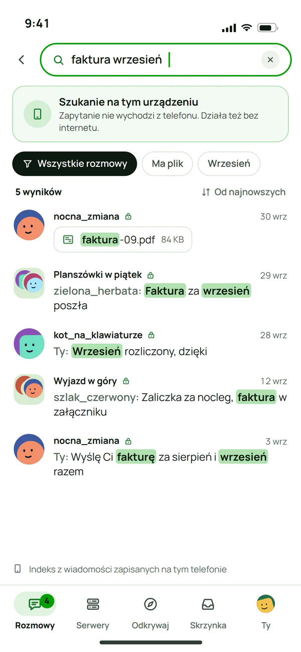 Wyszukiwanie w Plazerze na telefonie: wyniki z indeksu zapisanego na urządzeniu, z filtrami po rozmowie, pliku i dacie
