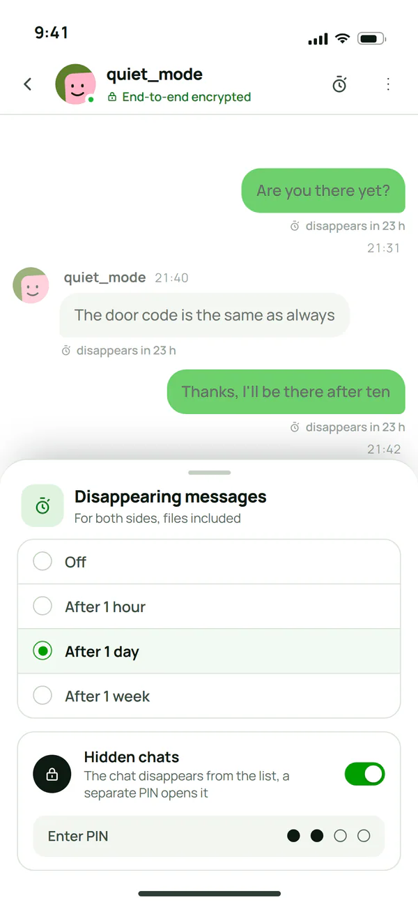 Disappearing messages in Plazer: a time set for both sides of the chat