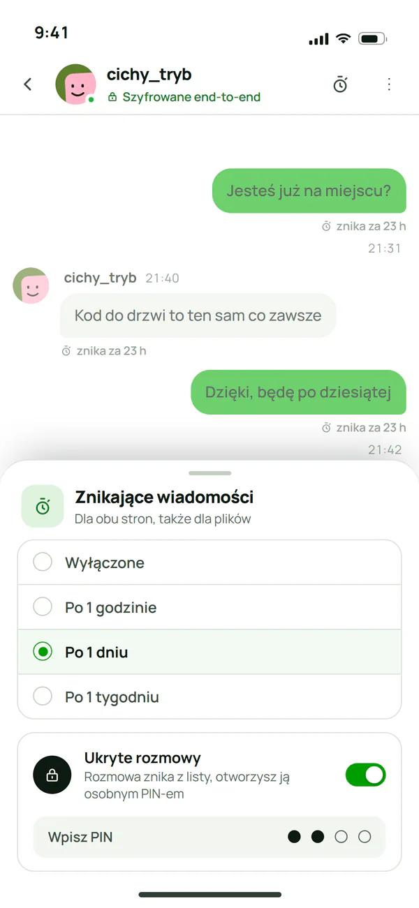 Znikające wiadomości w rozmowie Plazera: wybór czasu i ukryte rozmowy otwierane osobnym PIN-em