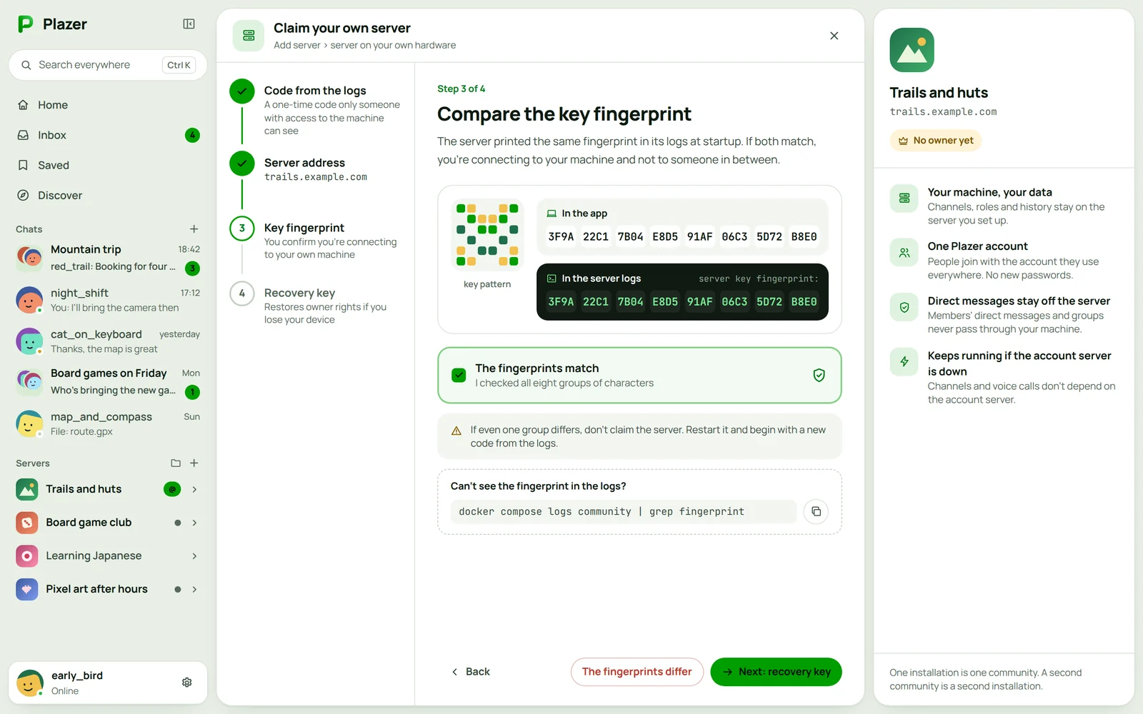Claiming your own server in Plazer: the steps and comparing the key fingerprint with the one the server shows