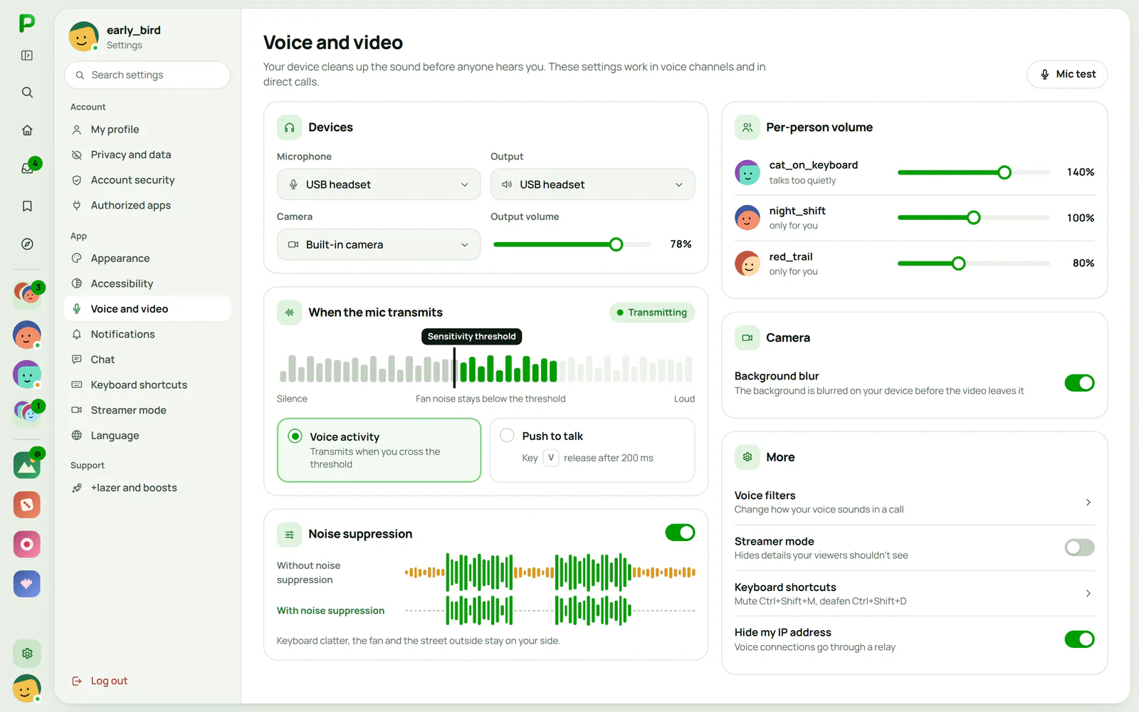 Plazer voice and video settings: devices, a microphone test, noise reduction and the volume of each person