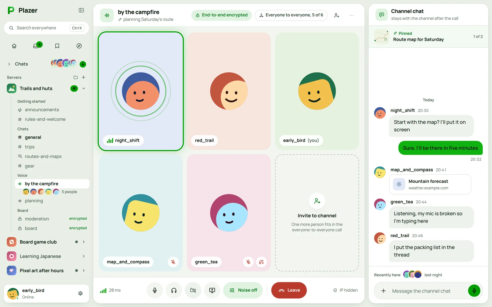 A voice room in Plazer: the people in the call and the chat beside it