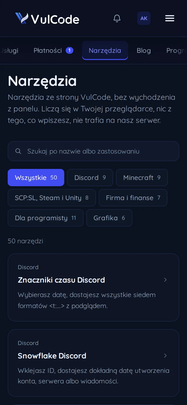 Narzędzia ze strony VulCode w panelu na telefonie
