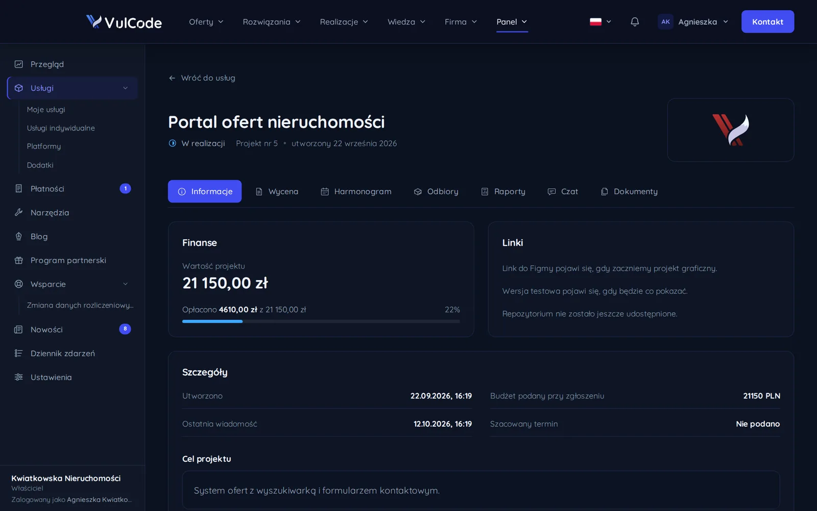 Karta projektu z finansami, linkami i szczegółami