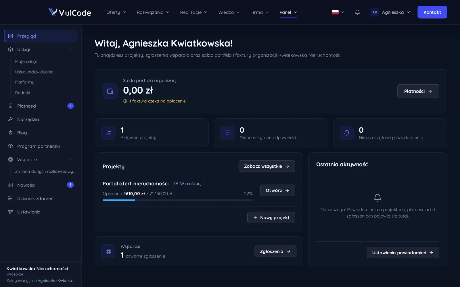 Przegląd panelu klienta VulCode