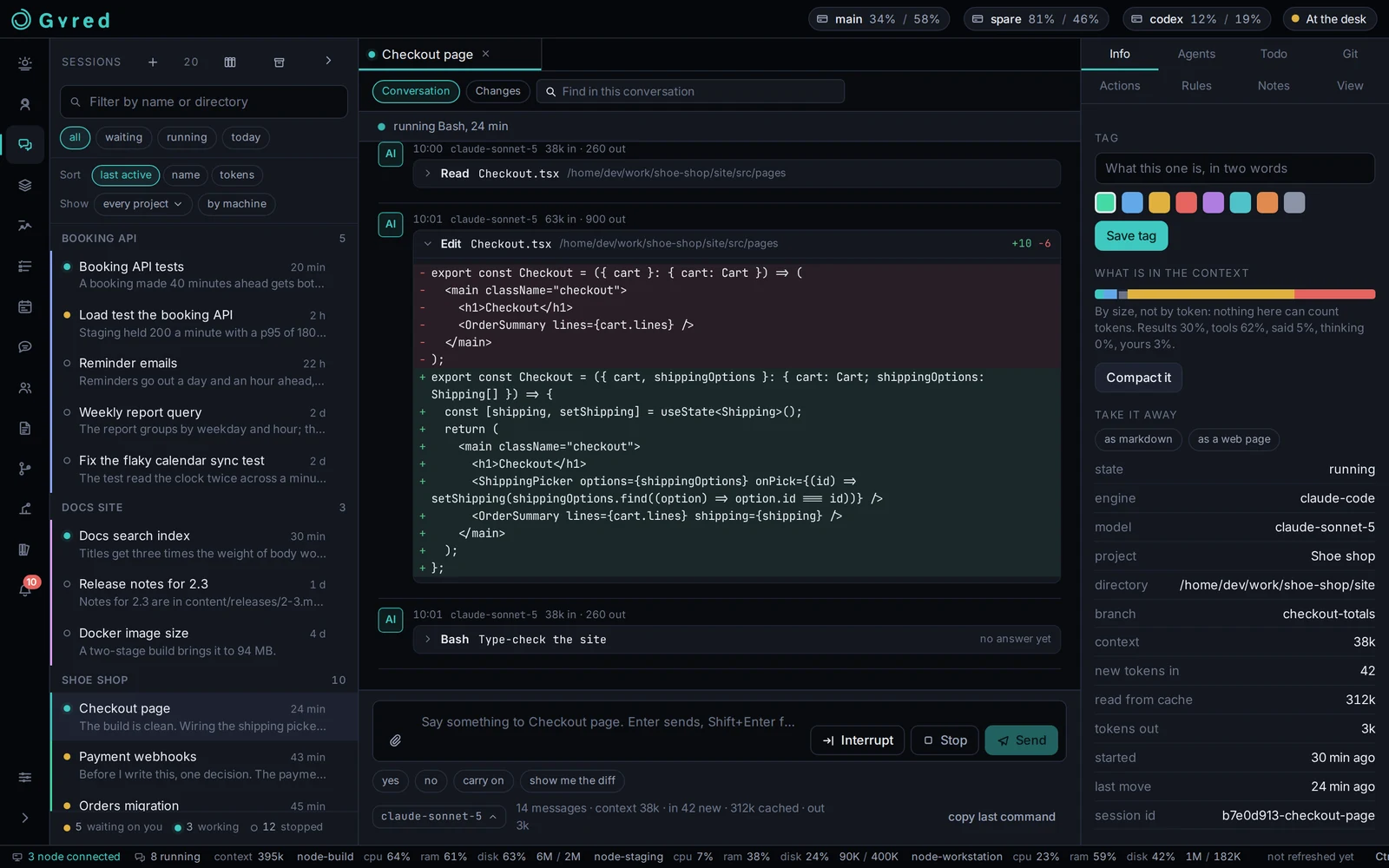Gyred: an agent session with the conversation, the file changes and the session details