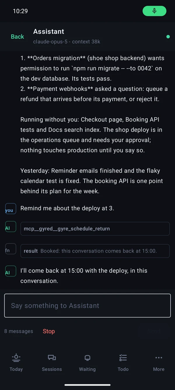 The assistant in the Gyred phone app: a summary of the sessions and a reminder