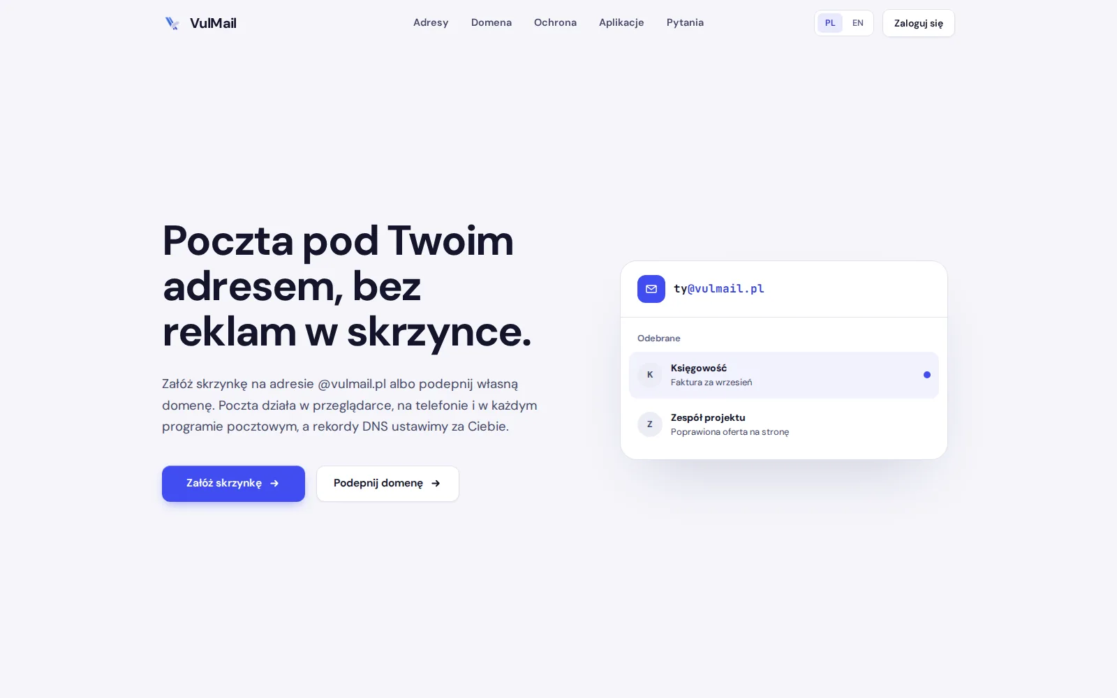 The VulMail site: email at your own address, with no ads in the inbox