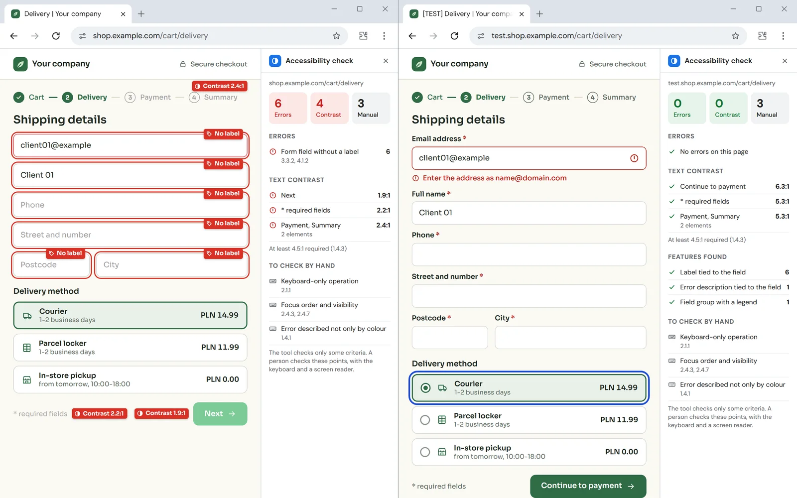 A shop's delivery step before and after the fixes, with an accessibility checker in the side panel