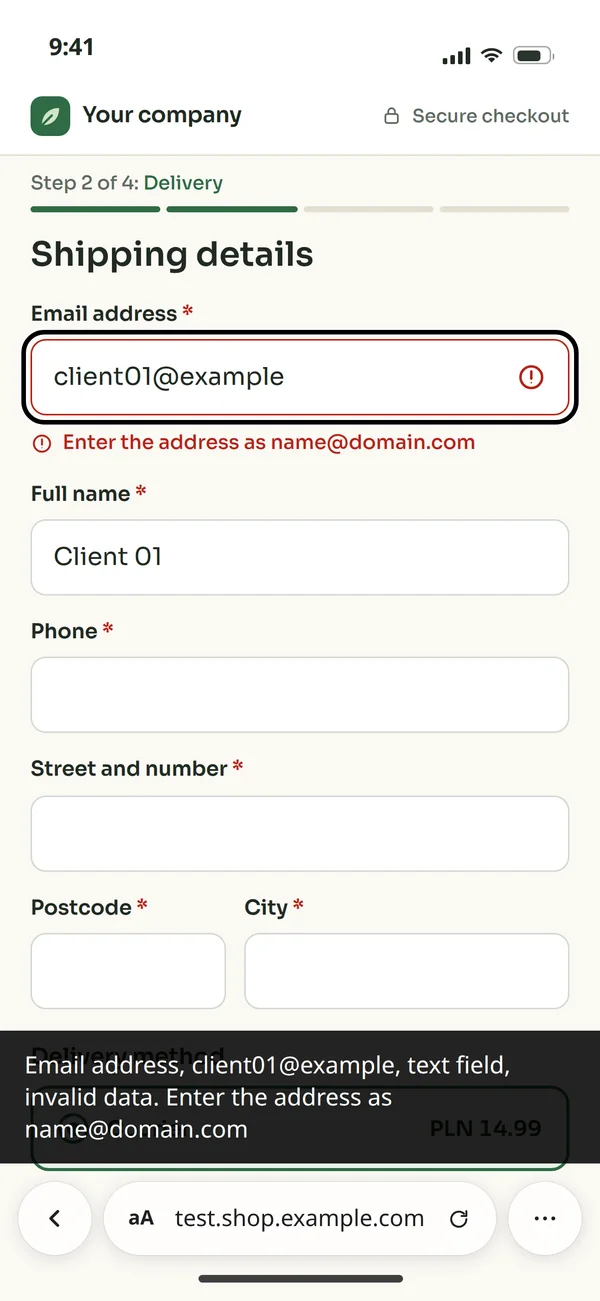 The fixed email field on a phone with the screen reader on