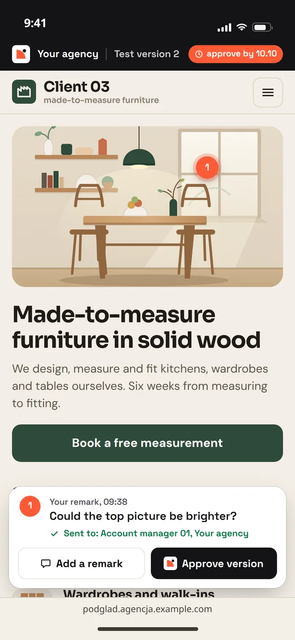 The client's test site under the agency's brand, with the client's note, on a phone