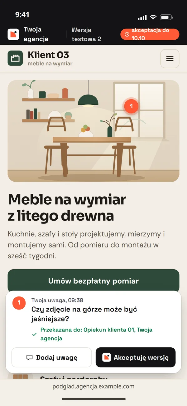 Wersja testowa strony klienta pod marką agencji, z uwagą klienta, na telefonie
