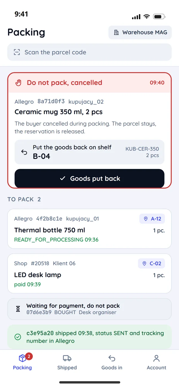 A warehouse phone: an Allegro order cancelled during packing with a "Do not pack" notice and the shelf to put the goods back on, the orders to pack under it