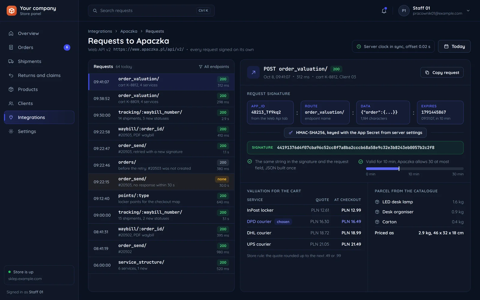 The Apaczka request log in a store panel: the list of Web API v2 requests and the signature details of one of them