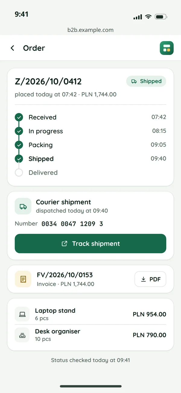 An order in the B2B store on a phone: the status path from received to shipped, the courier shipment with its number and a tracking button, the invoice as a PDF and the order lines