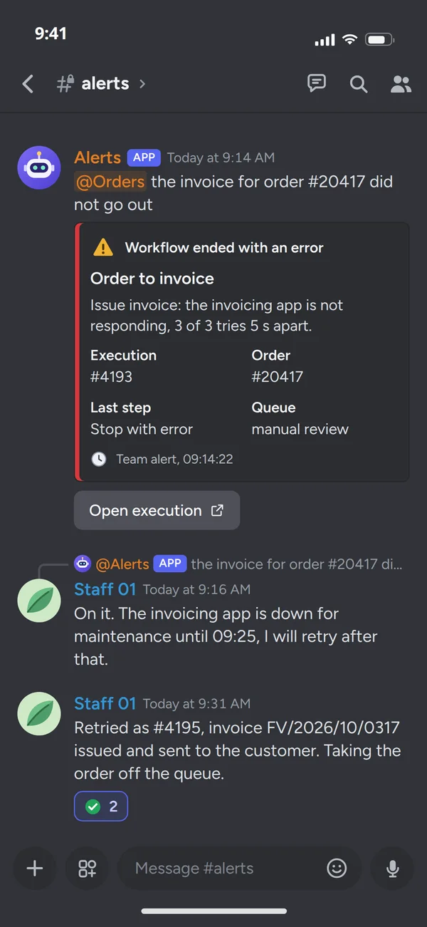 The error workflow's alert in #alerts: the invoice for order #20417 failed after 3 tries, and a staff member retries it after the invoicing app's downtime