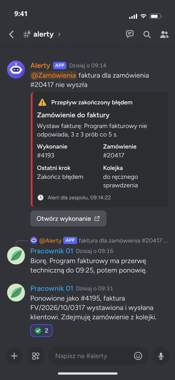 Alert z przepływu błędów na kanale #alerty: faktura dla zamówienia #20417 nie wyszła po 3 próbach, a pracownik ponawia ją po przerwie programu fakturowego