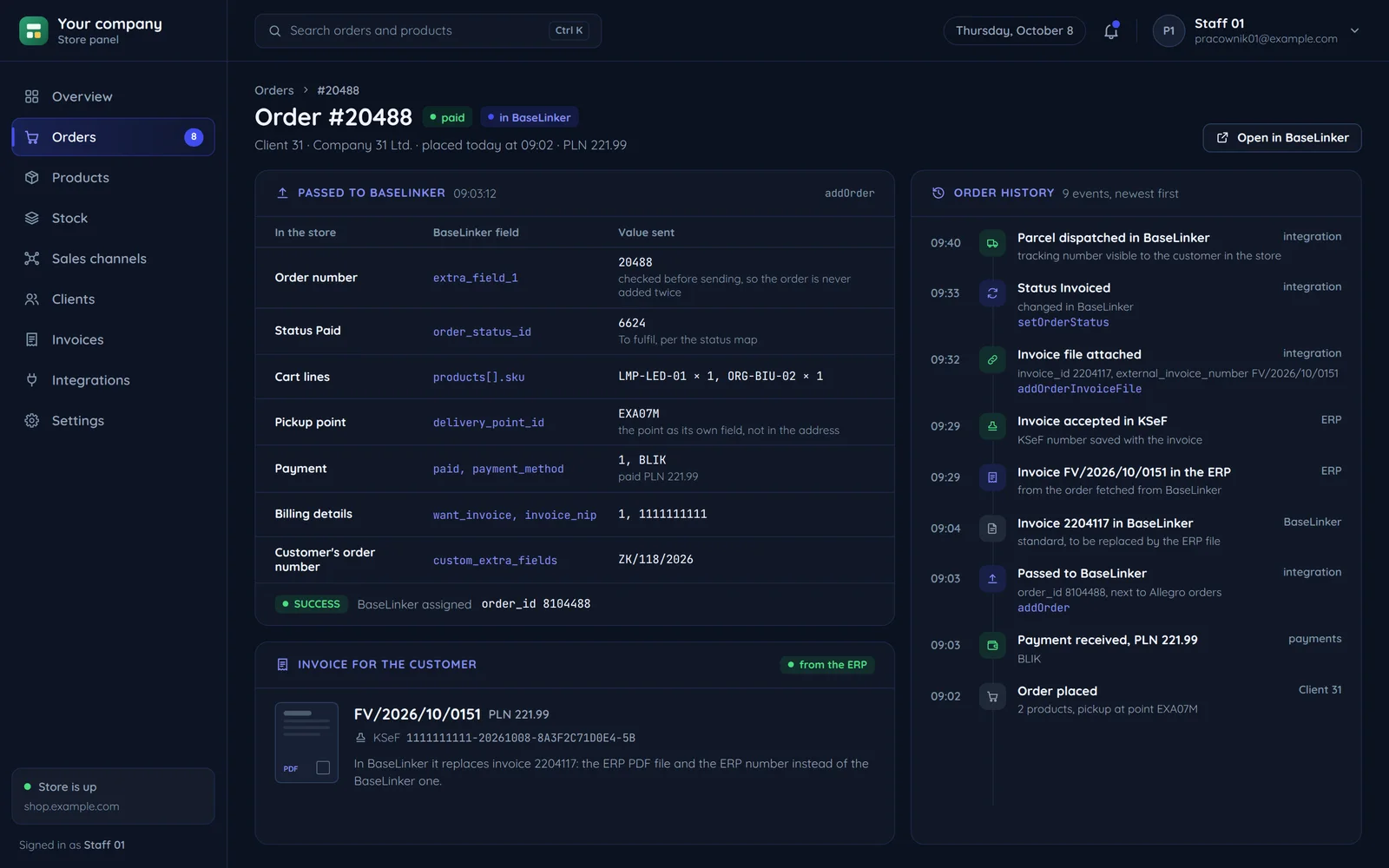 A store order after it went to BaseLinker: the fields sent with addOrder and their values, the number BaseLinker assigned, the ERP invoice with its KSeF number replacing the BaseLinker invoice, and the order's history from placing to dispatch