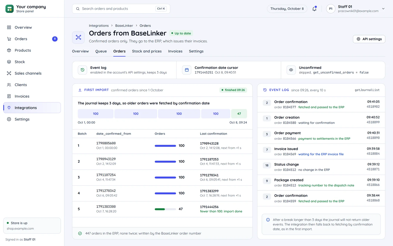 Orders from BaseLinker in the store panel: the event journal switched on, the confirmation date cursor, unconfirmed orders skipped, a first import in five batches of 100 orders with the last of 47 and the event journal read every 10 seconds